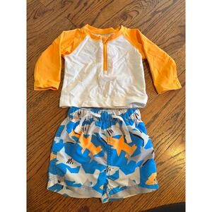 Hanna Andersson Baby Shark Rash Guard & Swim Trunks Set Orange Blue 6-12 Months